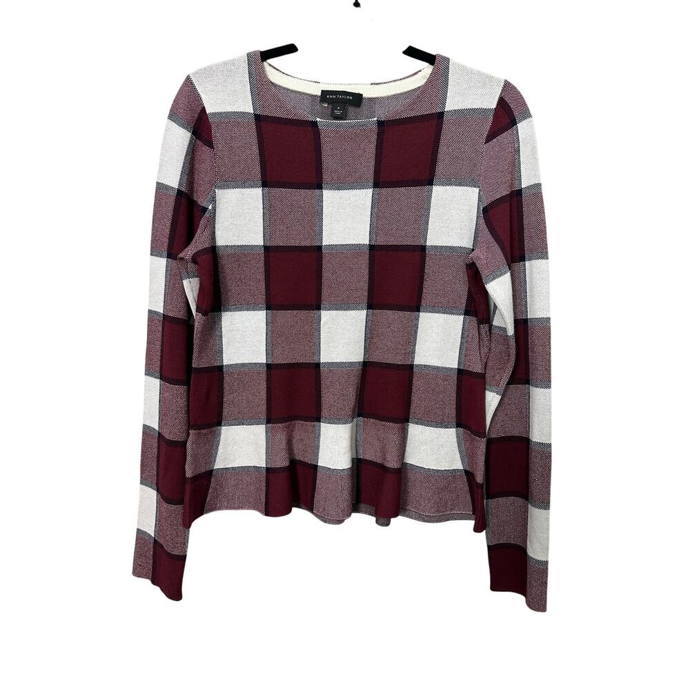 Ann Taylor Women’s Burgundy Plaid Peplum Long Sleeve Sweater Top size Medium